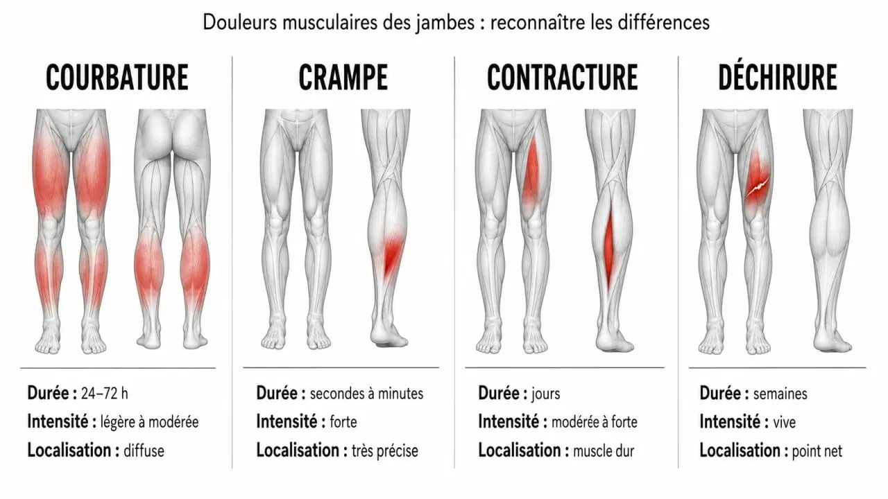 Courbatures aux jambes : comparaison visuelle avec crampe, contracture et déchirure