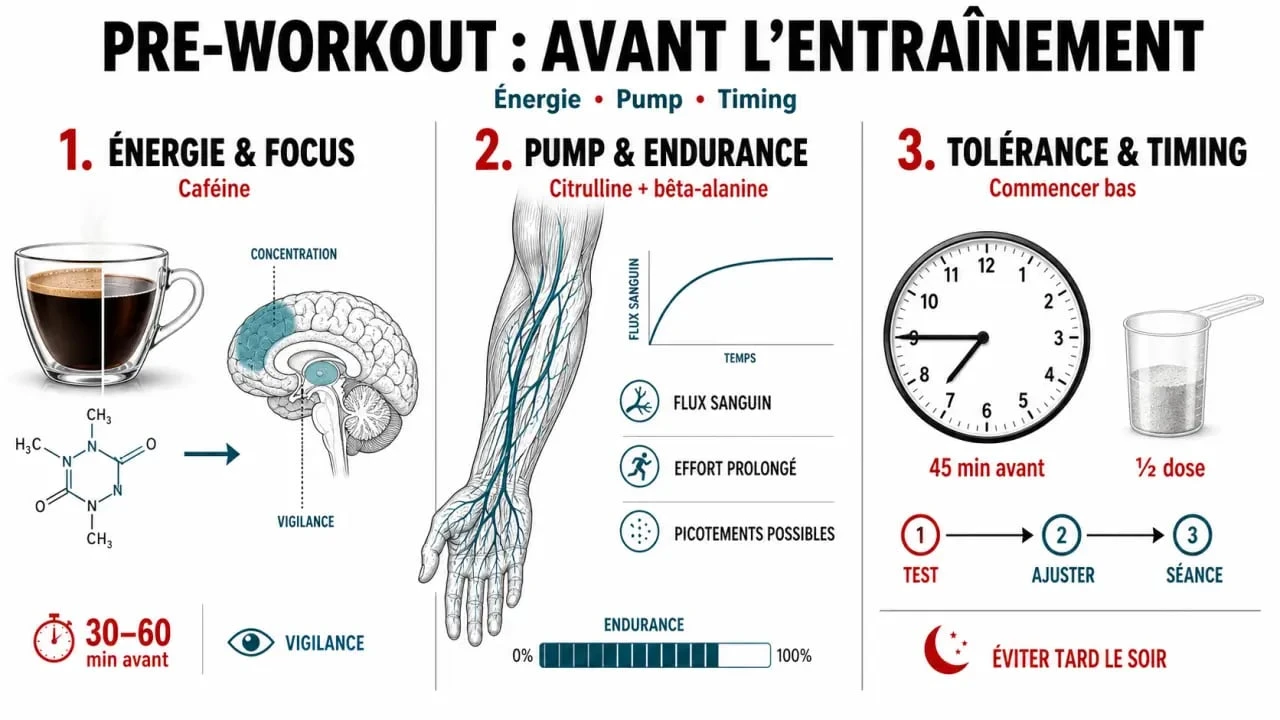 Le pre workout : énergie, pump et timing de prise en illustration éditoriale