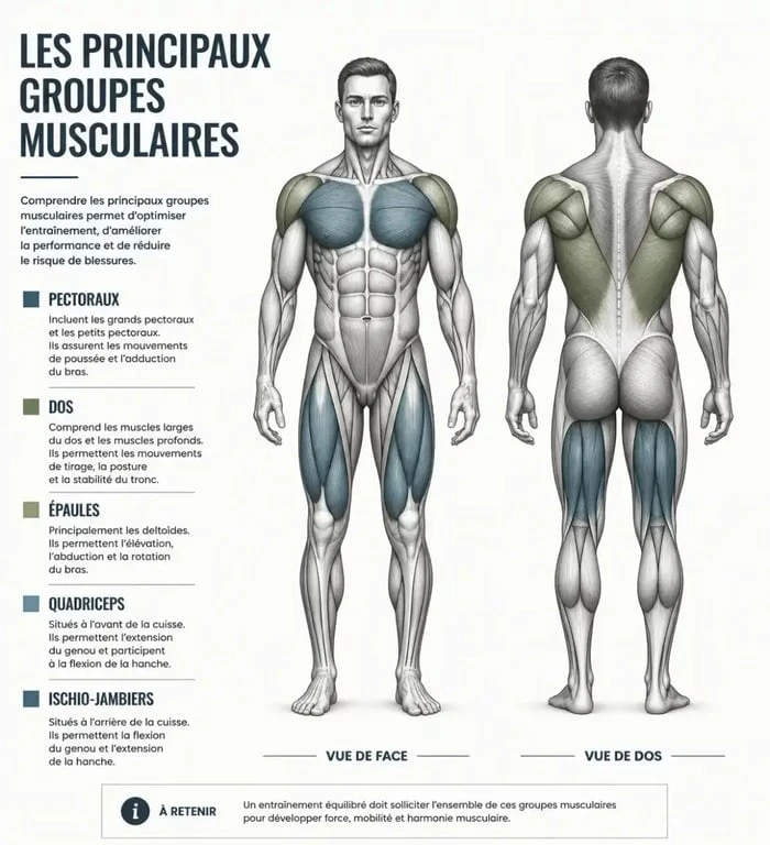 Répartition des groupes musculaires ciblés par un programme complet de musculation avec charge guidée