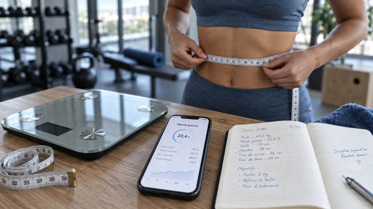Masse grasse femme sportive mesurée au mètre et balance impédancemétrique