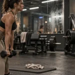 Programme de sport femme en salle : femme avec haltères en salle, jambes et fessiers