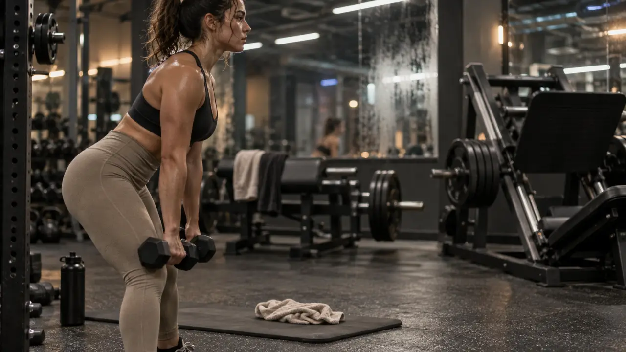Programme de sport femme en salle : femme avec haltères en salle, jambes et fessiers