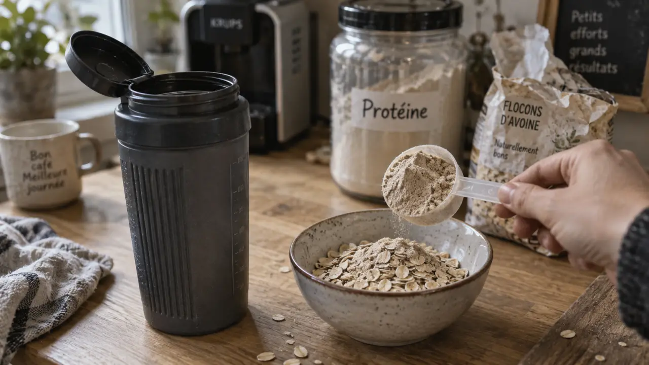 Proteine en poudre : shaker avec cuillère au-dessus de flocons d’avoine
