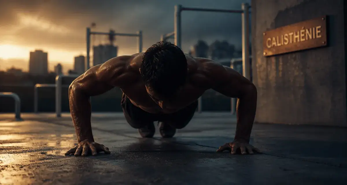 Sport calisthenics : planche push-up en street workout, athlète dehors