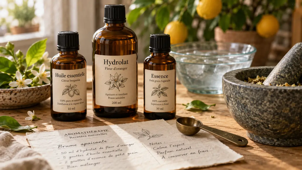 Aromathérapie définition : huiles essentielles, hydrolat et essences sur table