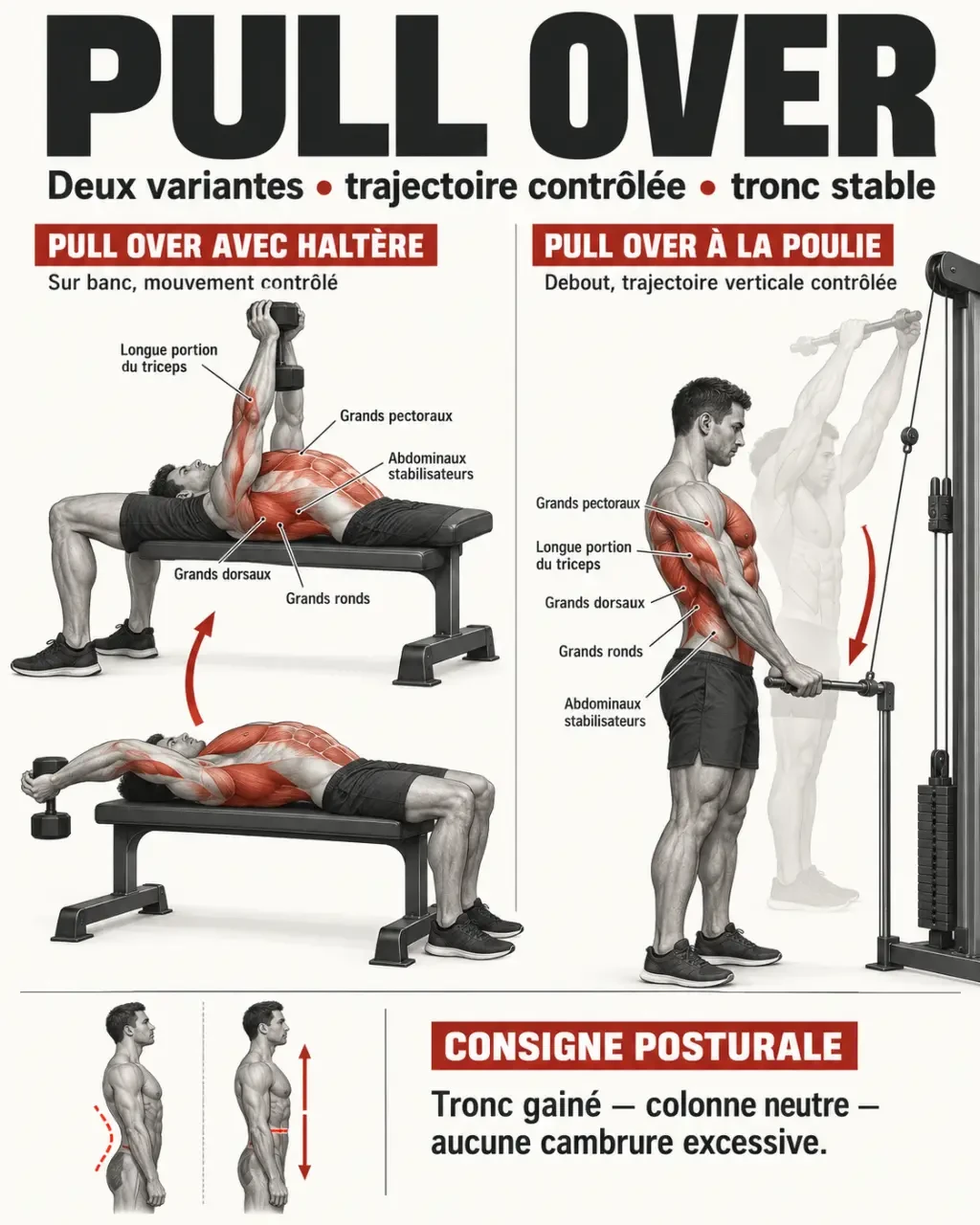 Pull over exercice : muscles sollicités et trajectoire correcte avec haltère et poulie