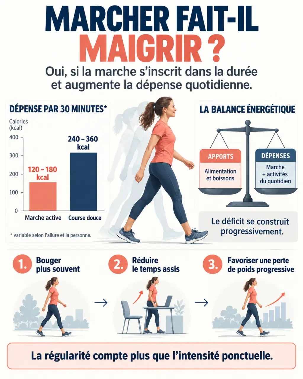 Visuel explicatif sur la question marcher fait il maigrir et le rôle de la marche régulière dans la dépense énergétique