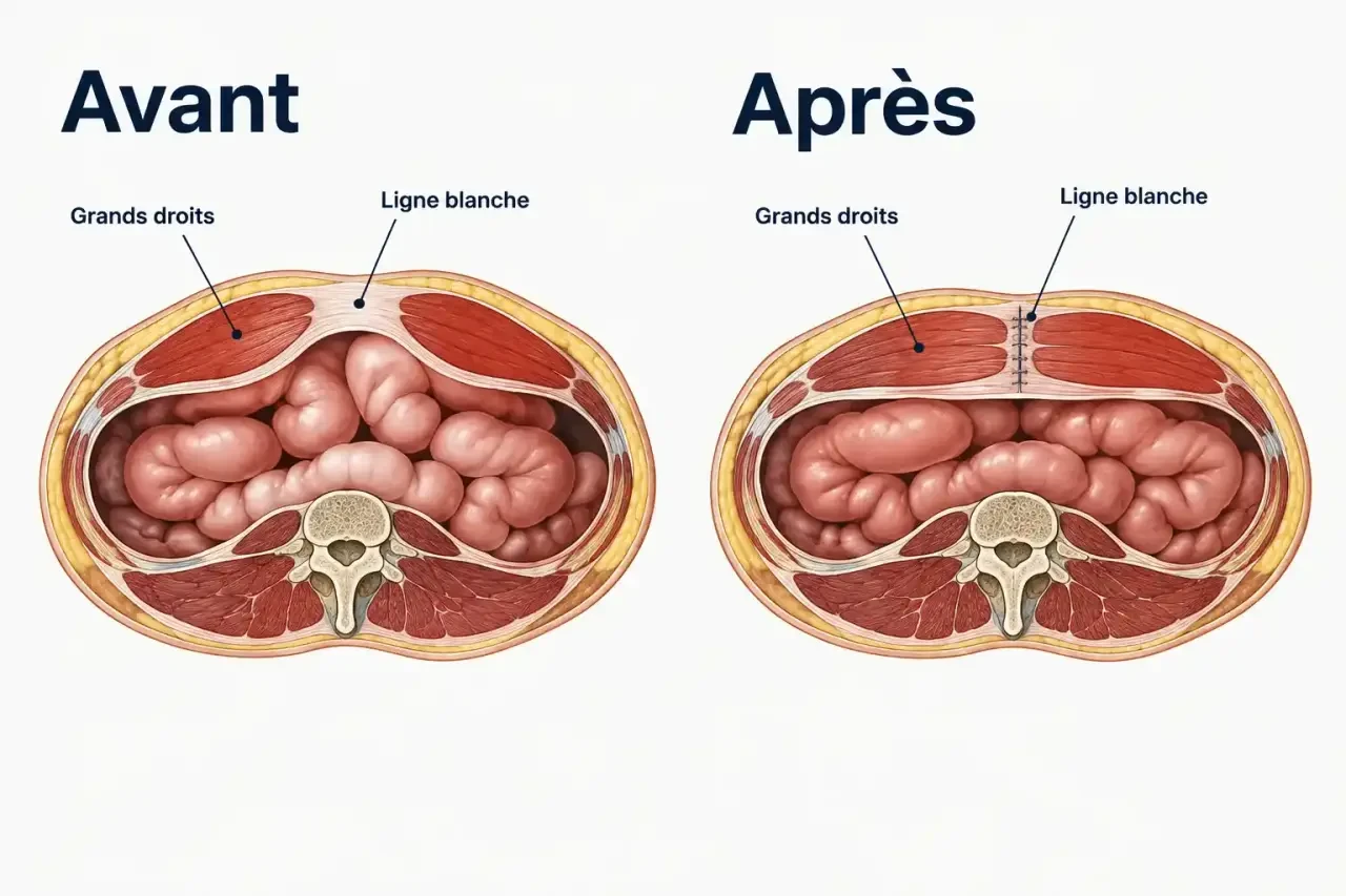 Schéma du diastasis avant après : écartement des muscles grands droits puis rapprochement par suture