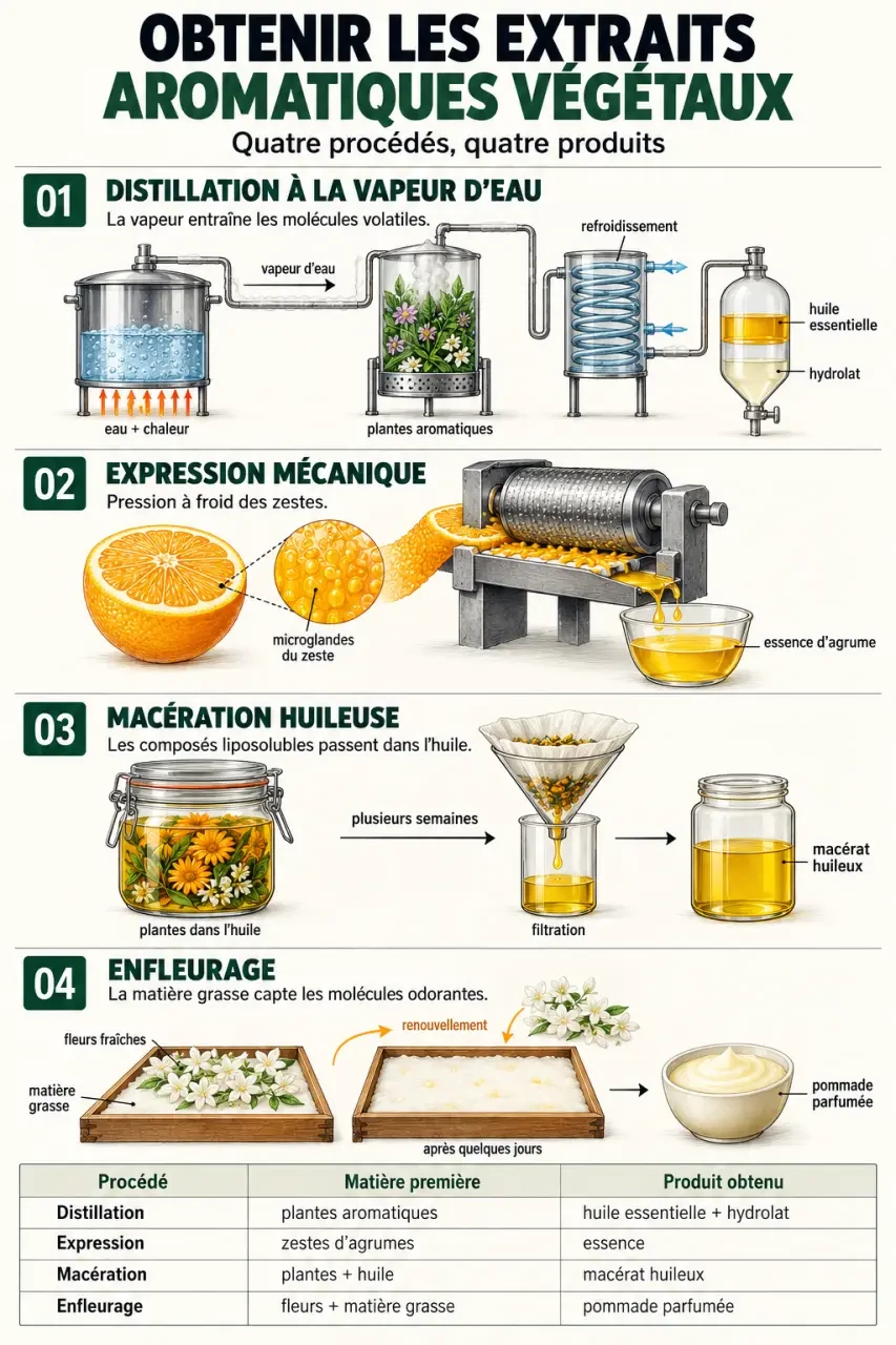 Aromathérapie définition : infographie des méthodes d’extraction des huiles essentielles, essences, hydrolats et macérats