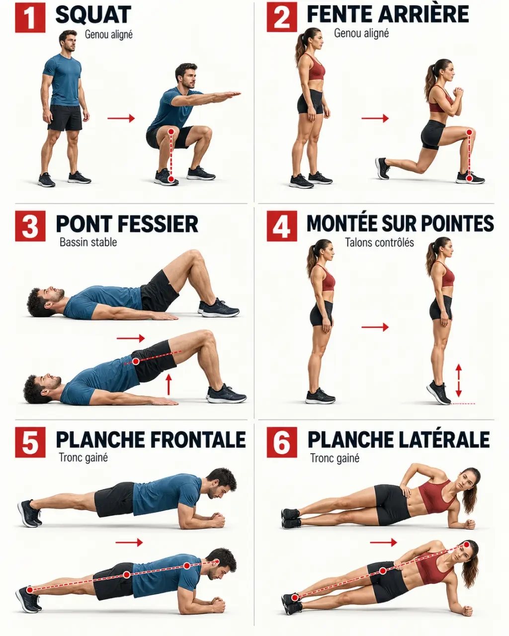 Illustration des exercices de renforcement musculaire course à pied pour les jambes, les mollets et le tronc