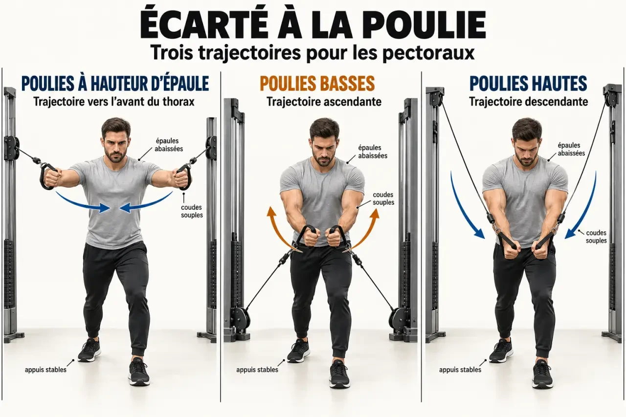 Pec a la poulie : trois hauteurs de câbles et trajectoires de l'écarté