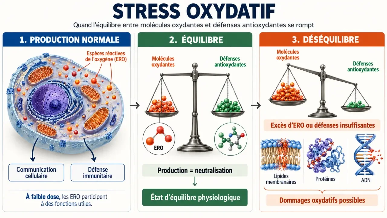 Schéma pédagogique expliquant qu'est-ce que le stress oxydatif et l'équilibre entre espèces réactives et défenses antioxydantes