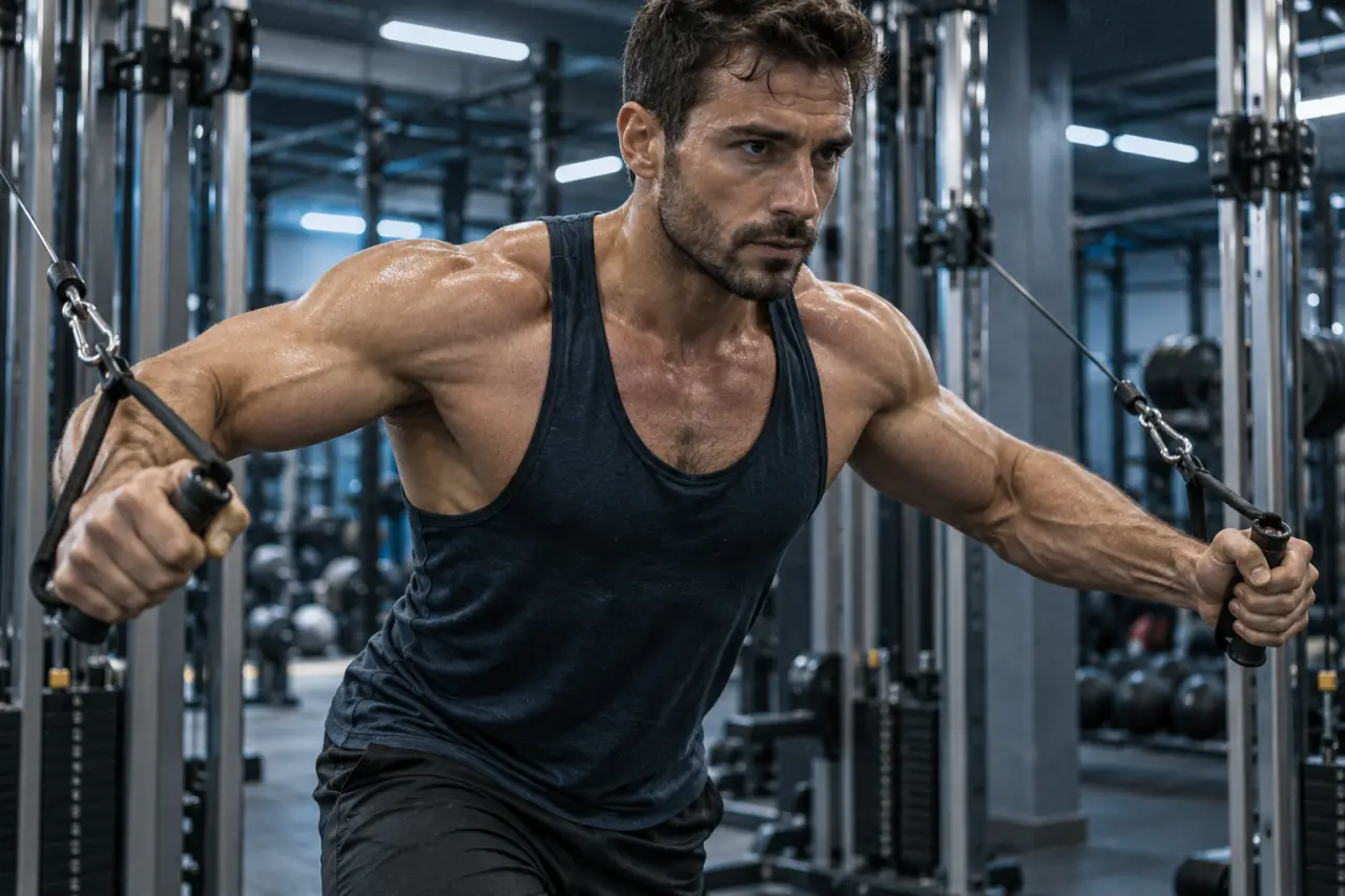 Pec a la poulie en cross-training, homme en position de travail
