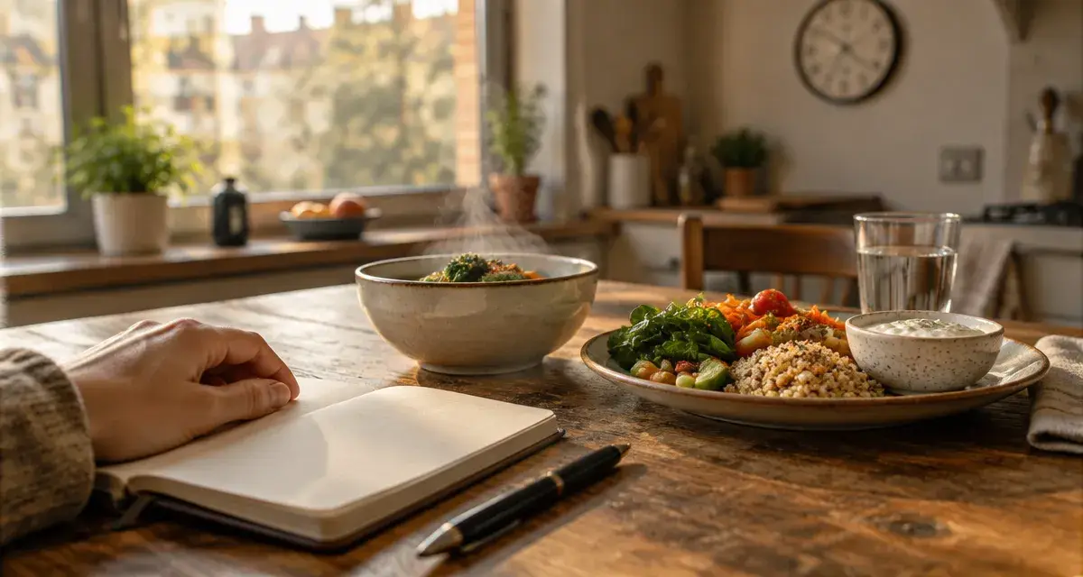 Sensation de faim permanente estomac : main près d’un repas équilibré et d’un carnet médical